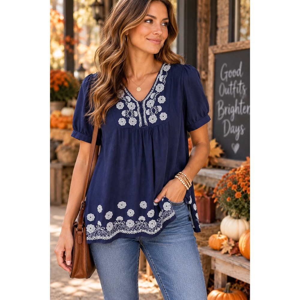 Women's Large Navy Embroidered Cotton Boho Peasant Puff Sleeve Babydoll Blouse